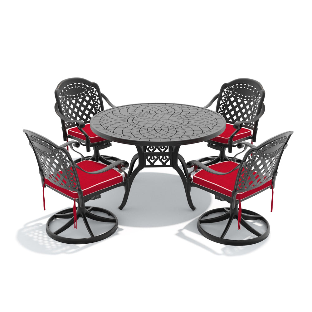 English Elm 5-piece Cast Aluminum Outdoor Dining Set with Ornate Swivel Chairs and Round Patio Table W1710S00309