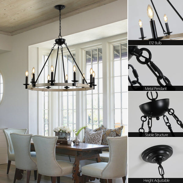 English Elm 32" Rustic Farmhouse 10-Light Chandelier in Matte Black & White Oak, Round Iron Wood Hanging Fixture W1340P221222