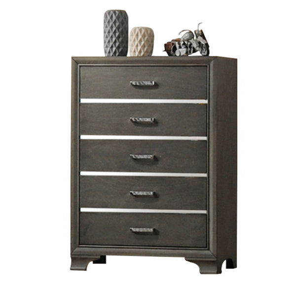 English Elm Grey 5-Drawer Chest with Smooth Pulls, Modern Grey Finish, Spacious Storage for Bedroom & Hallway B062P209023