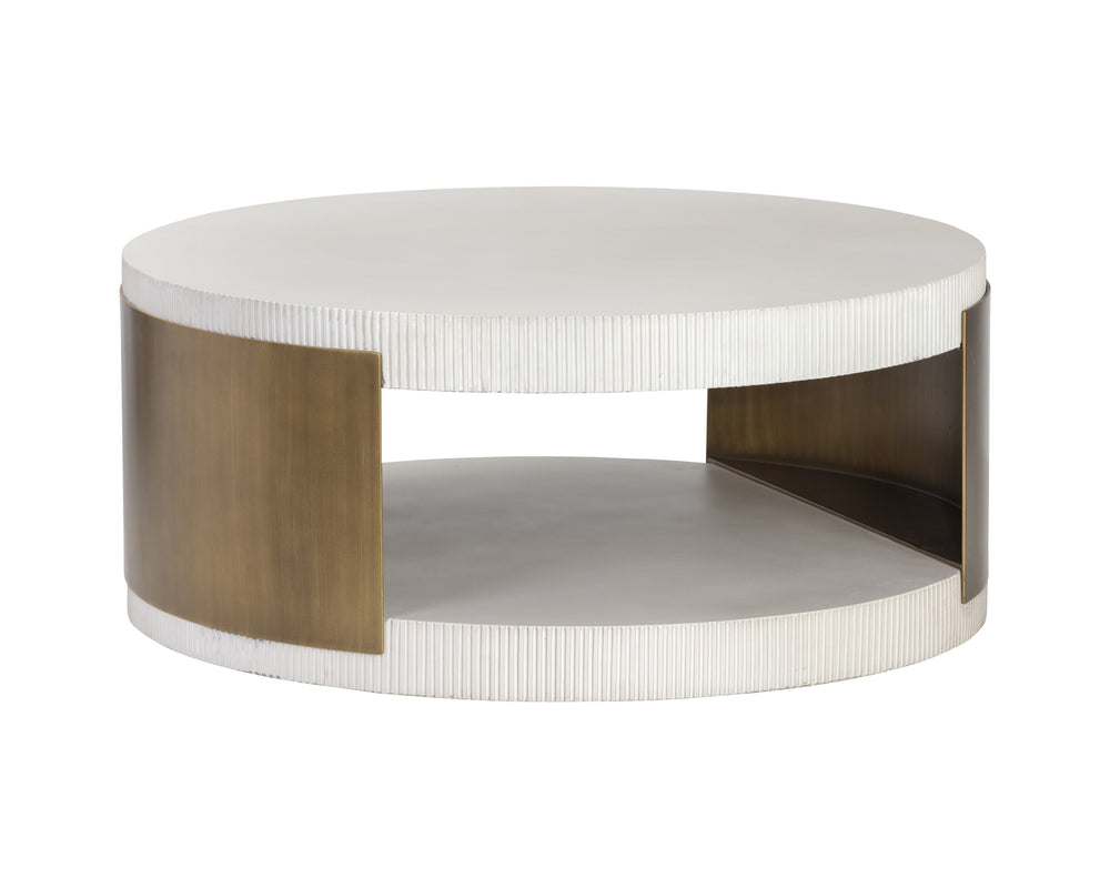 Sunpan Cavette Coffee Table - Elegant White Concrete & Brass Frame Design for Indoor & Outdoor Spaces