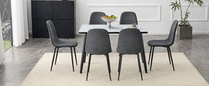 English Elm Table and Chair Set Marble Glass Top with Six Gray Linen Seats Modern Dining W1151S04656
