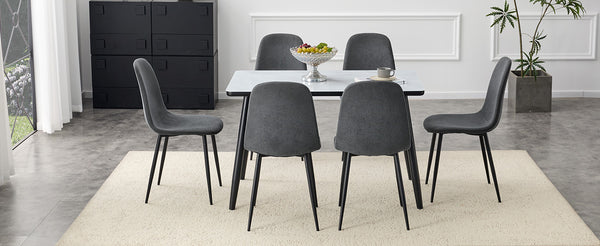 English Elm Table and Chair Set Marble Glass Top with Six Gray Linen Seats Modern Dining W1151S04656
