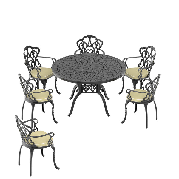 English Elm 7-Piece Elegant Cast Aluminum Patio Furniture Set With Off-White Cushions For Outdoor Dining Spaces W1710S00398