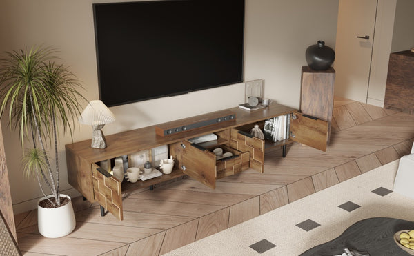 English Elm 78" TV Stand Checkered Natural Wood Finish with Soft-Close Doors, Deep Drawer & Open Shelf Storage N710P293272P