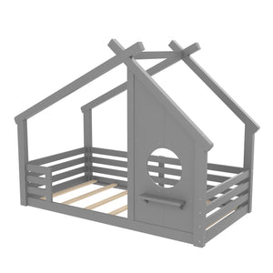 English Elm Twin House Floor Bed with Window & Shelf, Solid Wood Pitched Roof Design for Safe Cozy Sleep Grey W1580P362683