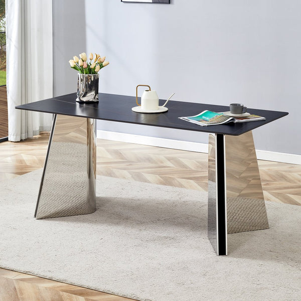 English Elm 63"x31.5x30" Black Marble Sintered Stone Dining Table with Stainless Steel Butterfly Legs, Scratch-Resistant Elegance W1151S01897