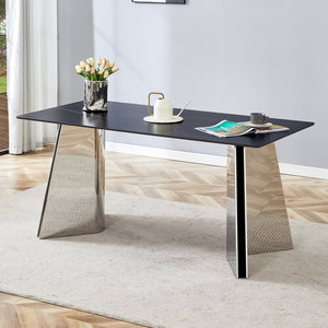 English Elm 63"x31.5x30" Marble Slab Rectangular Dining Table with Sculptural Butterfly Stainless Legs Black,Silver W1151S04576