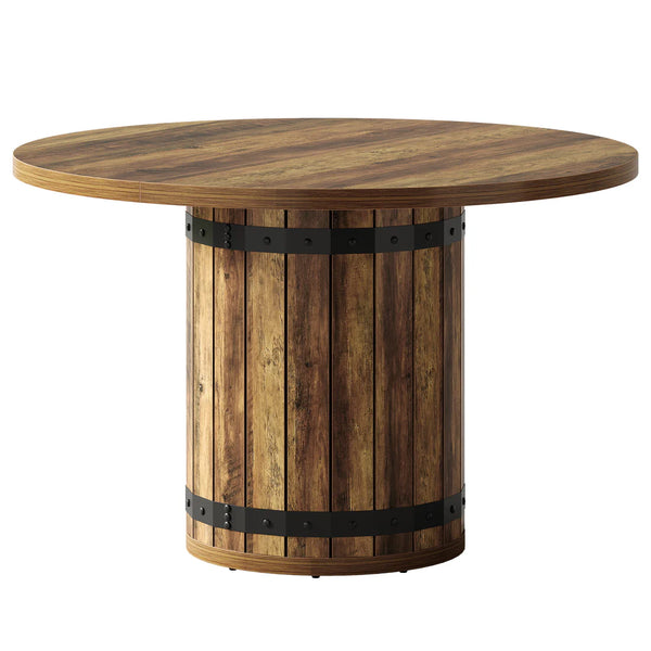 English Elm Round Farmhouse Pedestal Dining Table with Rustic Brown Finish Seats Four T3971P470457