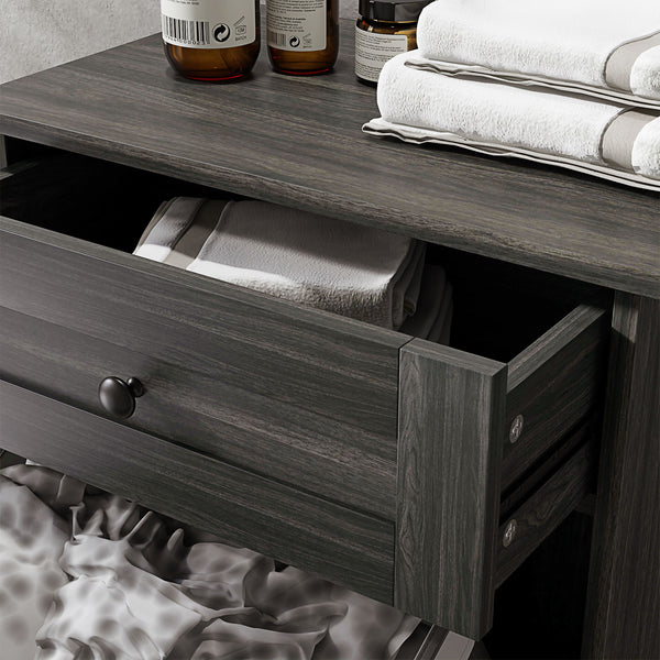 English Elm HOMCOM Tilt-Out Kitchen Trash Cabinet with Drawer and Oak Top Space-Saving Pet-Safe Organizer Gray W2225P229589