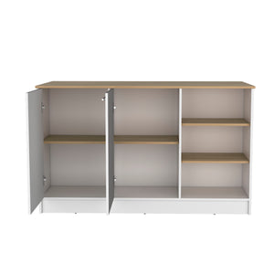 English Elm Kitchen Island With Two Cabinets & Three Open Shelves - Modern White & Natural Oak Storage Solution B097S00143