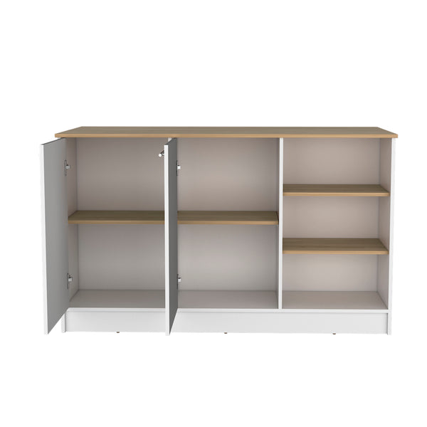 English Elm Kitchen Island With Two Cabinets & Three Open Shelves - Modern White & Natural Oak Storage Solution B097S00143