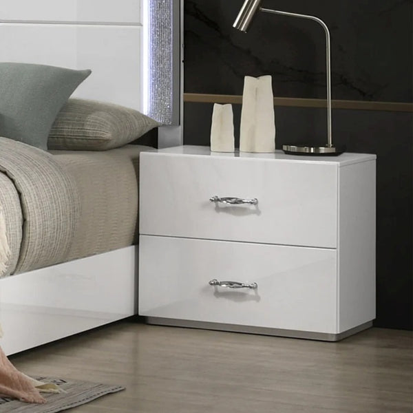 English Elm Contemporary Glam Nightstand High Gloss White Lacquered Finish with Chrome Acrylic Hardware B2741P431074
