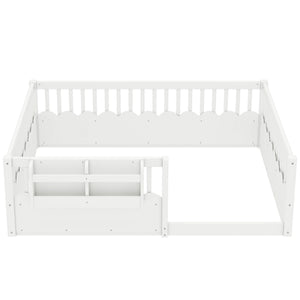 English Elm Twin Low Profile Kids Floor Bed Pine Wood Frame with Safety Rail and Built in Bookshelf White W1580P373138