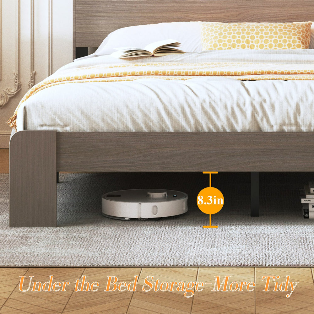 English Elm Bed Frame Queen Size - Modern Wood Platform With Led Headboard, Usb Ports & Spacious Under-Bed Storage W636P210857