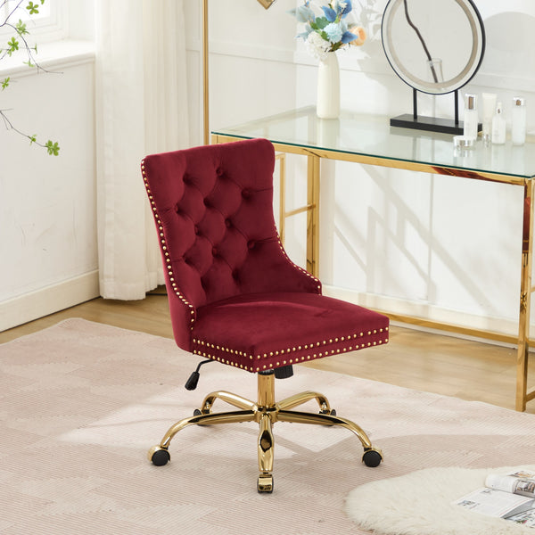 English Elm A&A Elegant Chenille Tufted Office Chair with Hand-Pulled Buttons, Nailhead Trim & Gold Chrome Base WINE RED W1143P369093
