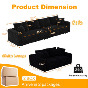 English Elm 102.4 Inch Plush Corduroy Cloud Sofa Deep Seat Four Person Convertible Lounge for Living Room Black W1885S00272