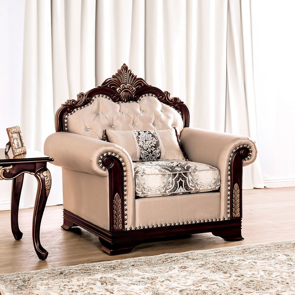 English Elm Dark Dark Cherry Beige Traditional Accent Chair 47.5"W Rolled Arms Curved Details Elegant Seating B2741S00593