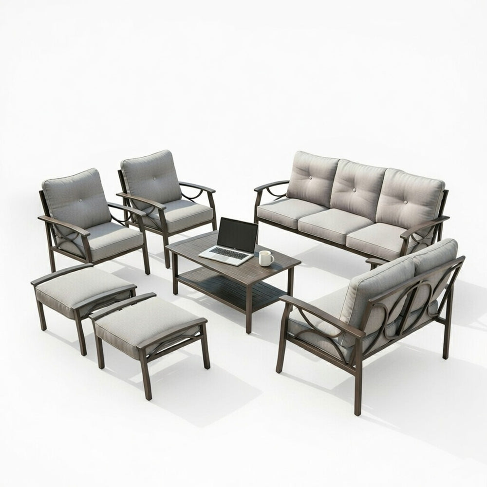 English Elm 7-piece Outdoor Sectional Set Steel Frame 9 Seat Patio Conversation with Cushioned Ottomans Gray B082S00125