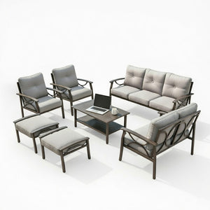 English Elm 7-piece Outdoor Sectional Set Steel Frame 9 Seat Patio Conversation with Cushioned Ottomans Gray B082S00125
