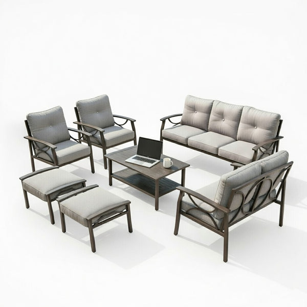 English Elm 7-piece Outdoor Sectional Set Steel Frame 9 Seat Patio Conversation with Cushioned Ottomans Gray B082S00125