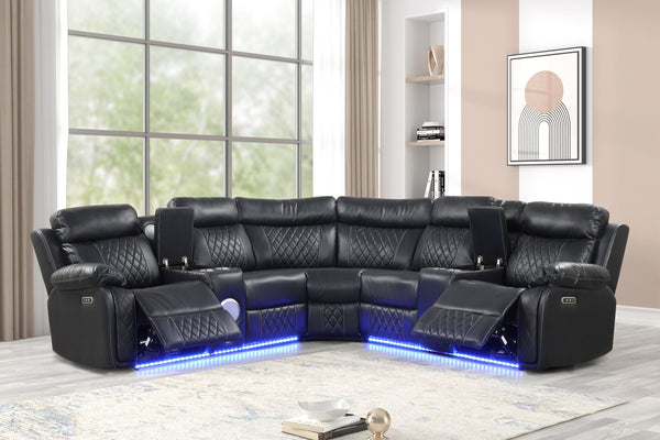 English Elm Lacrosse Power Reclining Sectional with Bluetooth Speakers, LED Lighting, USB Ports & Console Comfort Black B009S01429