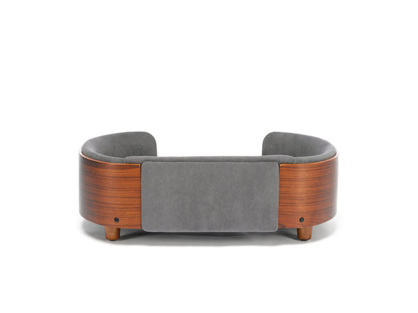 English Elm Scandinavian Mid-century Pet Sofa with Walnut Bentwood Back and Navy Velvet Cushion Dark Grey W794125938