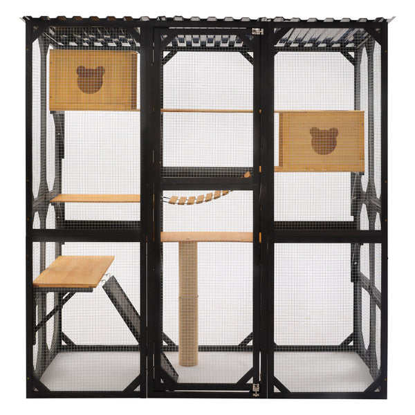 English Elm Outdoor Fir Wood Window Catio Enclosure with Four Climbing Platforms for Cats Black,Natural N719P418377N