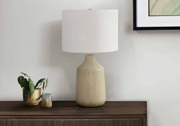 English Elm Lighting, Contemporary 24" Concrete Table Lamp with Fabric Drum Shade, 3‑Way Rotary Dimmer, Stylish Beige 15 L x 15 W x 18 H B2710P220118