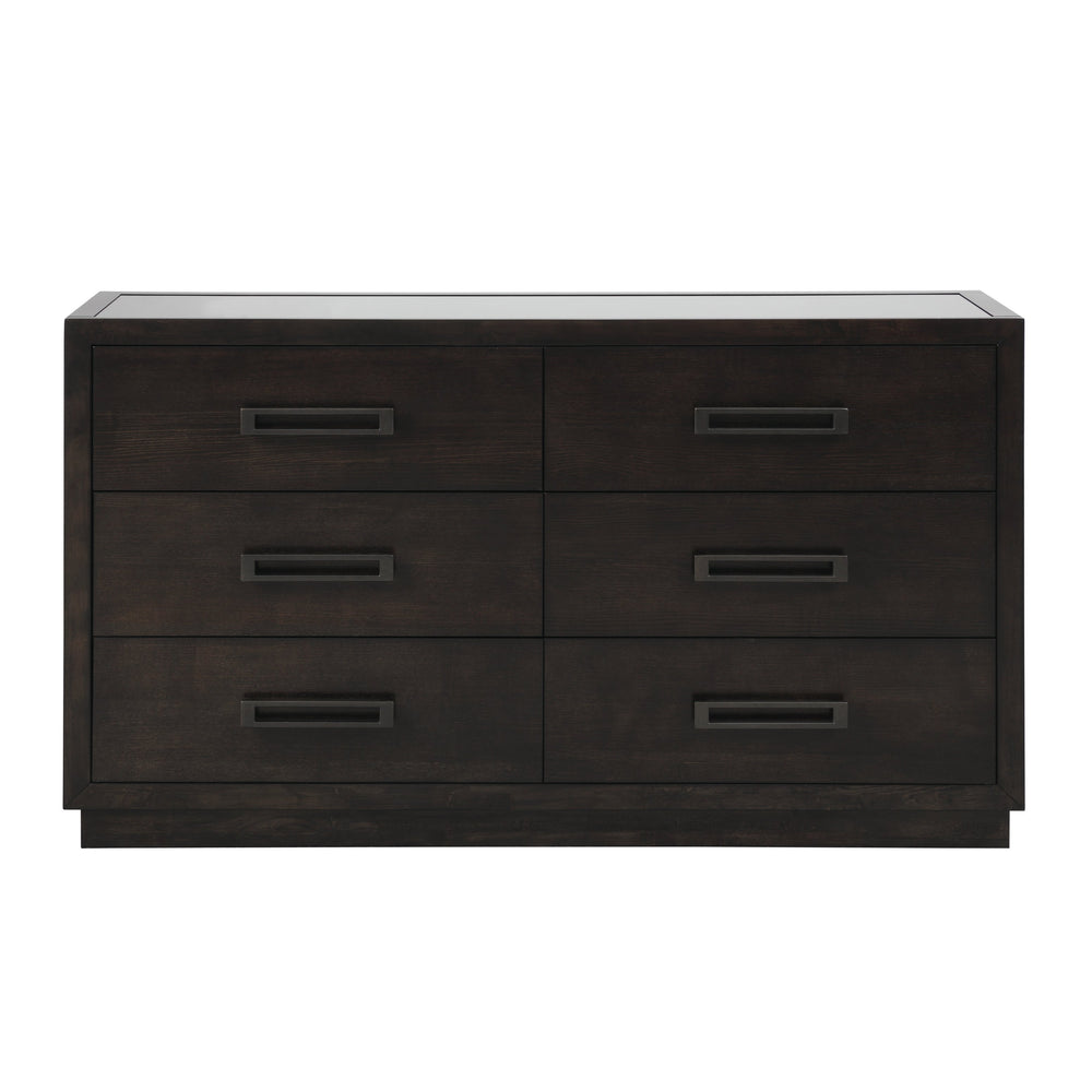 English Elm Modern Six Drawer Dresser with Glass Inset Top Gunmetal Pulls Charcoal Ash Veneer B011P201585