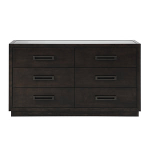 English Elm Modern Six Drawer Dresser with Glass Inset Top Gunmetal Pulls Charcoal Ash Veneer B011P201585