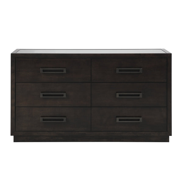English Elm Modern Six Drawer Dresser with Glass Inset Top Gunmetal Pulls Charcoal Ash Veneer B011P201585