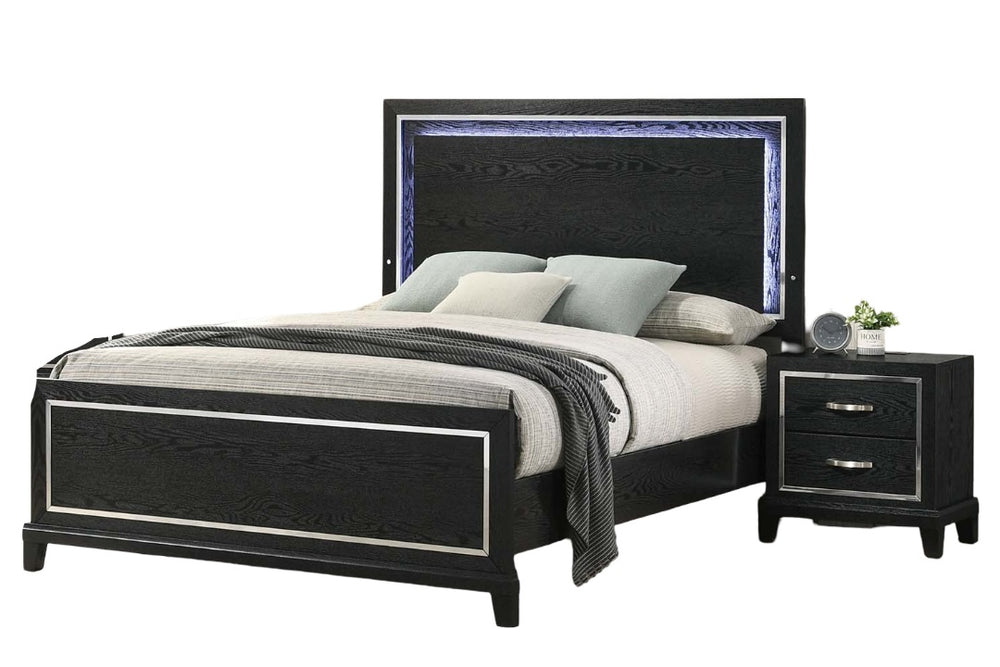 English Elm Modern Queen Platform Bed with Built in Led Headboard Matte Black Minimalist Frame B011S02075