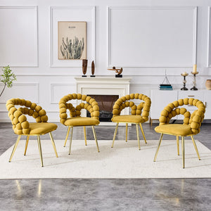English Elm Set of 4 Sculptural Bubble Backrest Velvet Dining Chairs with Glamorous Metal Legs Gold,Yellow W3875P370847