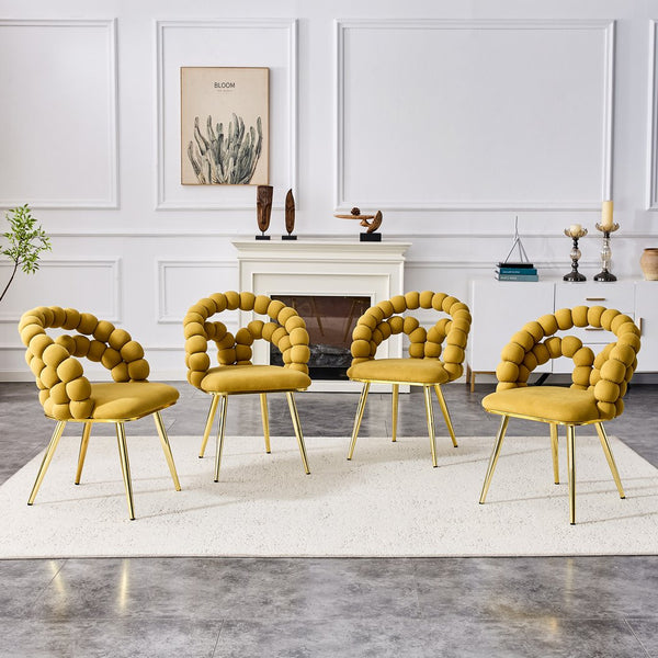 English Elm Set of 4 Sculptural Bubble Backrest Velvet Dining Chairs with Glamorous Metal Legs Gold,Yellow W3875P370847