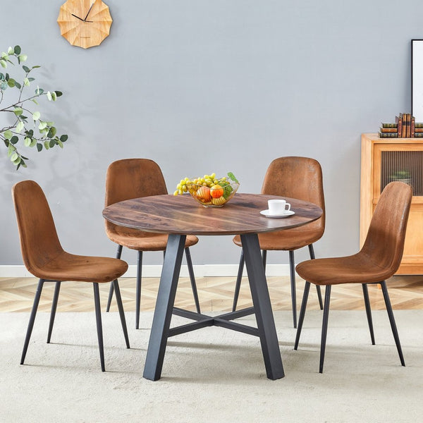 English Elm Table 5-Piece Modern Minimalist Dining Set With 42-Inch Round Walnut Top & Brown Techno-Fabric Chairs W1151S04090-GIGA