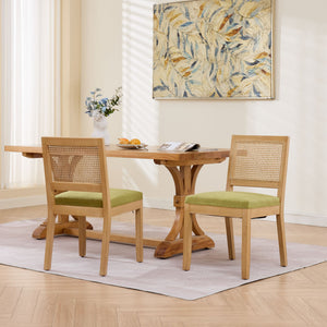 English Elm Farmhouse Rattan Back Dining Chairs Set of 2 with Linen Seat and Hardwood Legs Olive Green W1143P452936