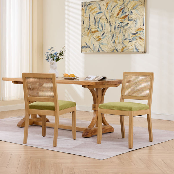 English Elm Farmhouse Rattan Back Dining Chairs Set of 2 with Linen Seat and Hardwood Legs Olive Green W1143P452936