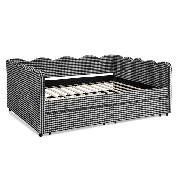 English Elm Queen Gingham Linen Daybed with Wave Backrest Two Storage Drawers and Usb Port Black W1413S00153