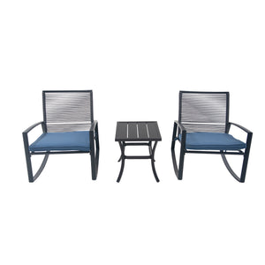 English Elm 2-person Weatherproof Outdoor Bistro Rocking Set with Table, Rust-Proof Metal, Removable Cushions Blue W1859P359942