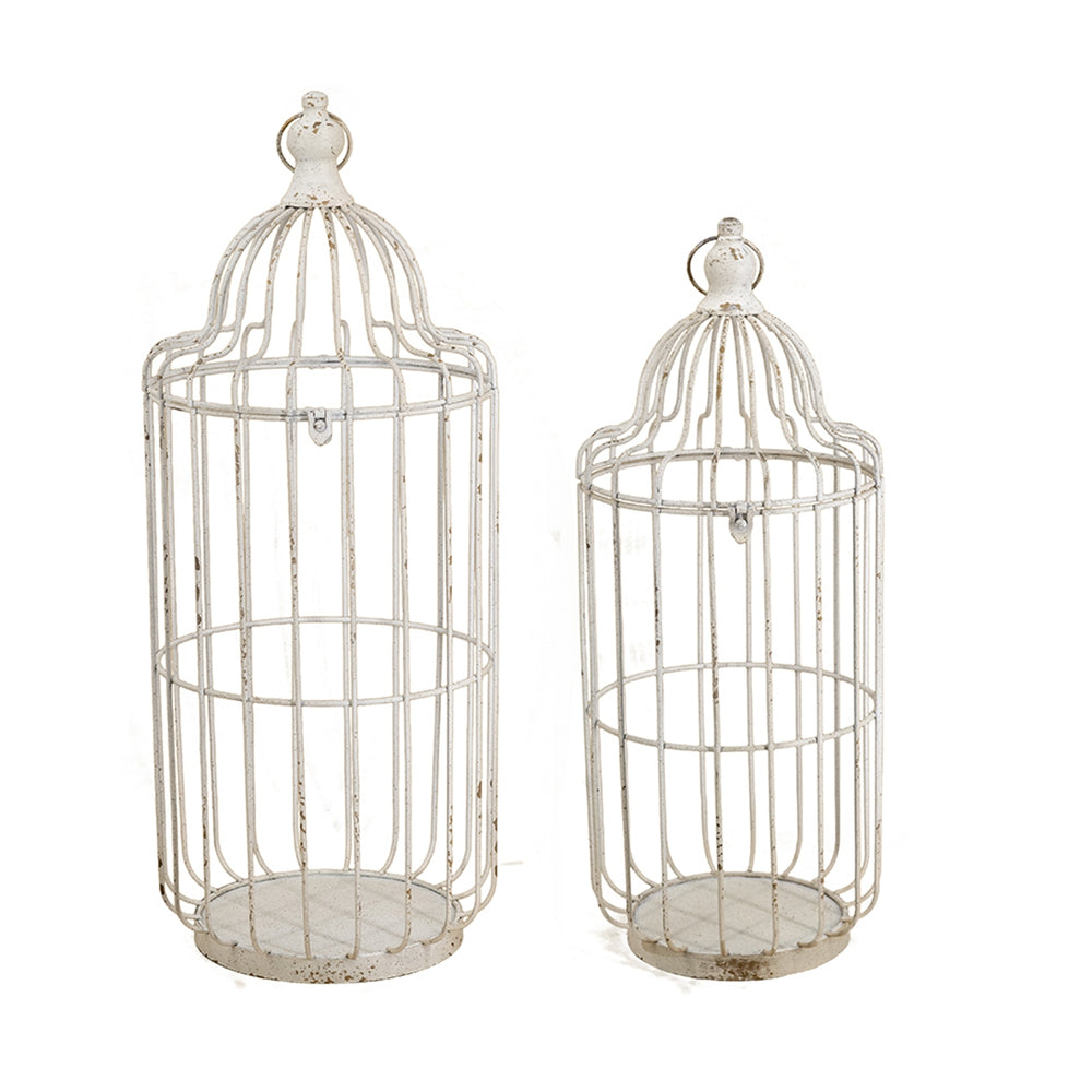 English Elm S/2 Victorian Iron Birdcage Lanterns Whitewashed Finial Tops Farmhouse Candle Holders W2078P495667