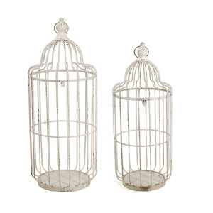 English Elm S/2 Victorian Iron Birdcage Lanterns Whitewashed Finial Tops Farmhouse Candle Holders W2078P495667