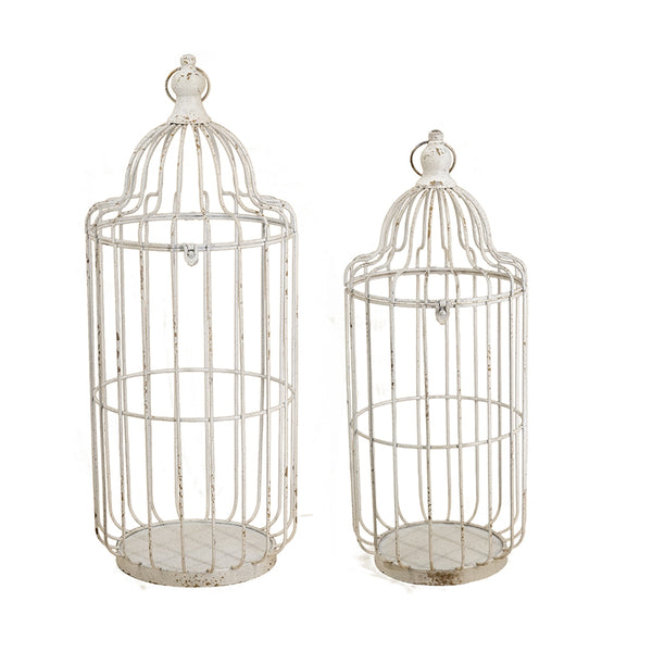 English Elm S/2 Victorian Iron Birdcage Lanterns Whitewashed Finial Tops Farmhouse Candle Holders W2078P495667