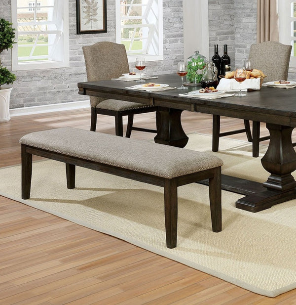 English Elm Transitional Espresso Frame 63" Dining Bench Padded Seat Nailhead Trim Warm Gray Fabric Upholstered B2741P309199