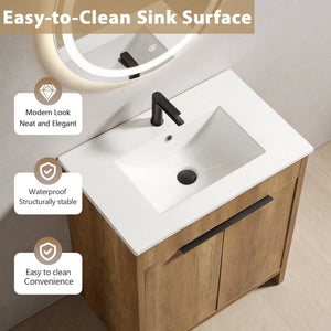 English Elm 30 Inch Floating Bathroom Vanity Fluted Wood Grain Front with Ceramic Integrated Sink W3520S00046