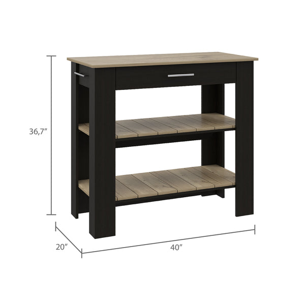 English Elm Kitchen Island With Open Shelves, Drawer, Towel Hanger, Black & Light Oak Finish For Versatile Style B097132959