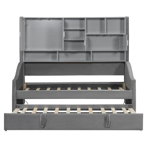 English Elm Twin Upholstered Daybed with LED Armrest Lighting, Hidden Storage Shelves & Lift-Up Pull-Out Trundle Gray SF000198AAE