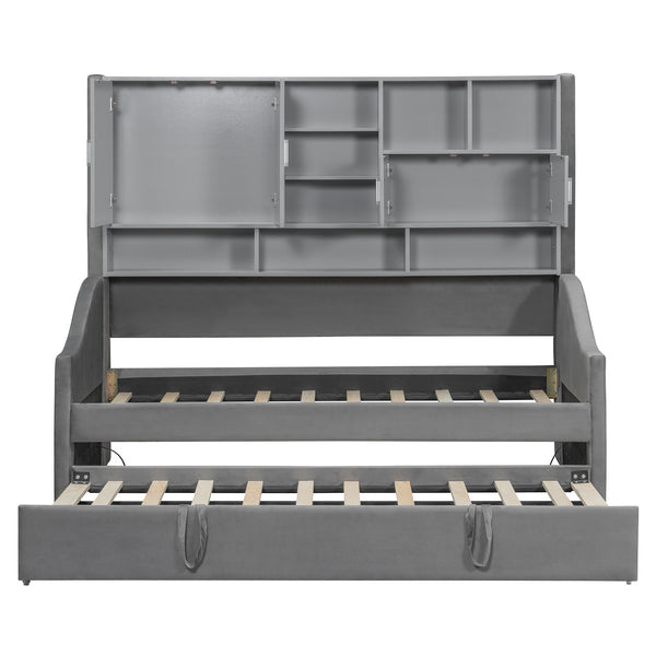 English Elm Twin Upholstered Daybed with LED Armrest Lighting, Hidden Storage Shelves & Lift-Up Pull-Out Trundle Gray SF000198AAE