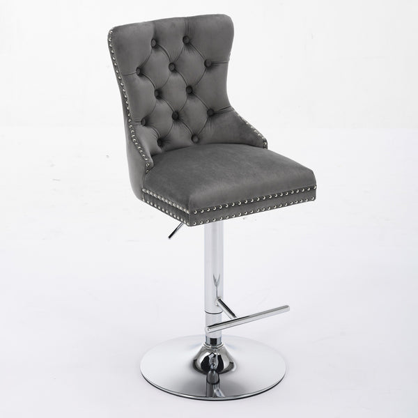 English Elm Thick Velvet Swivel Barstools Adjustable 25-33" Height with 17.7" Chrome Base, Tufted Diamond Pleat Elegance Gray W1143P335043