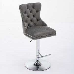 English Elm Thick Velvet Swivel Barstools with 17.7" Chrome Base, Tufted Diamond Pleating, Comfort Foam Seats Gray W1143P335043