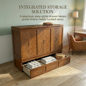 English Elm Queen Murphy Cabinet Bed Pine Wood Geometric Panels Usb Charging Guest Room Storage W504S00303